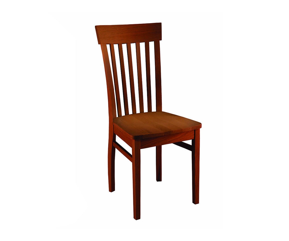Cherry side dining chair with a tall slat back, gently curved crest rail and a smooth wood seat