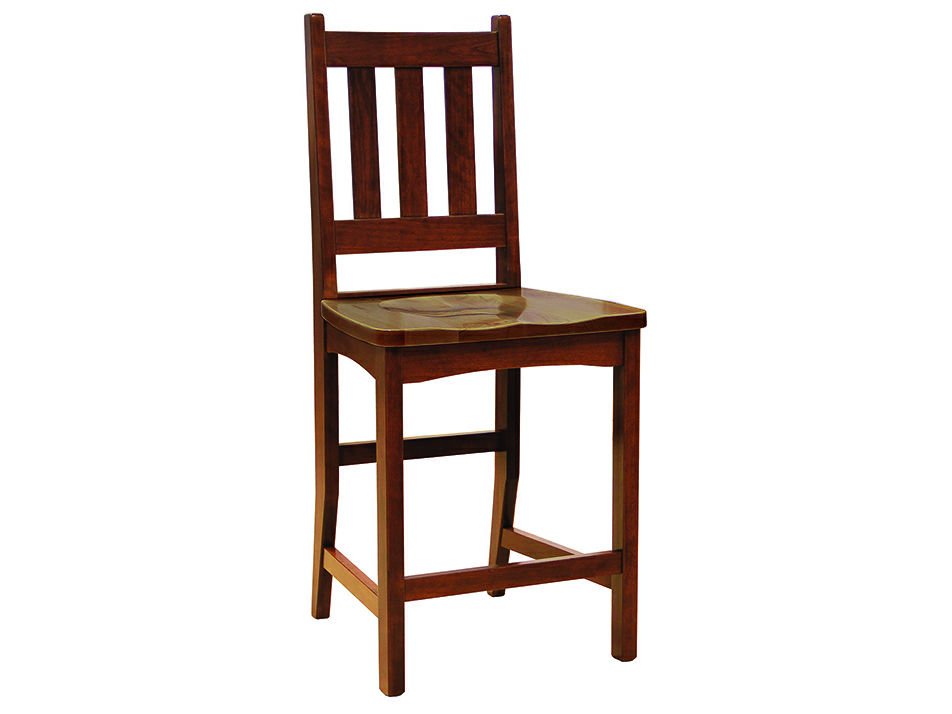 Cherry counter stool with three-slat back, scooped seat, arched apron and square footrail stretchers