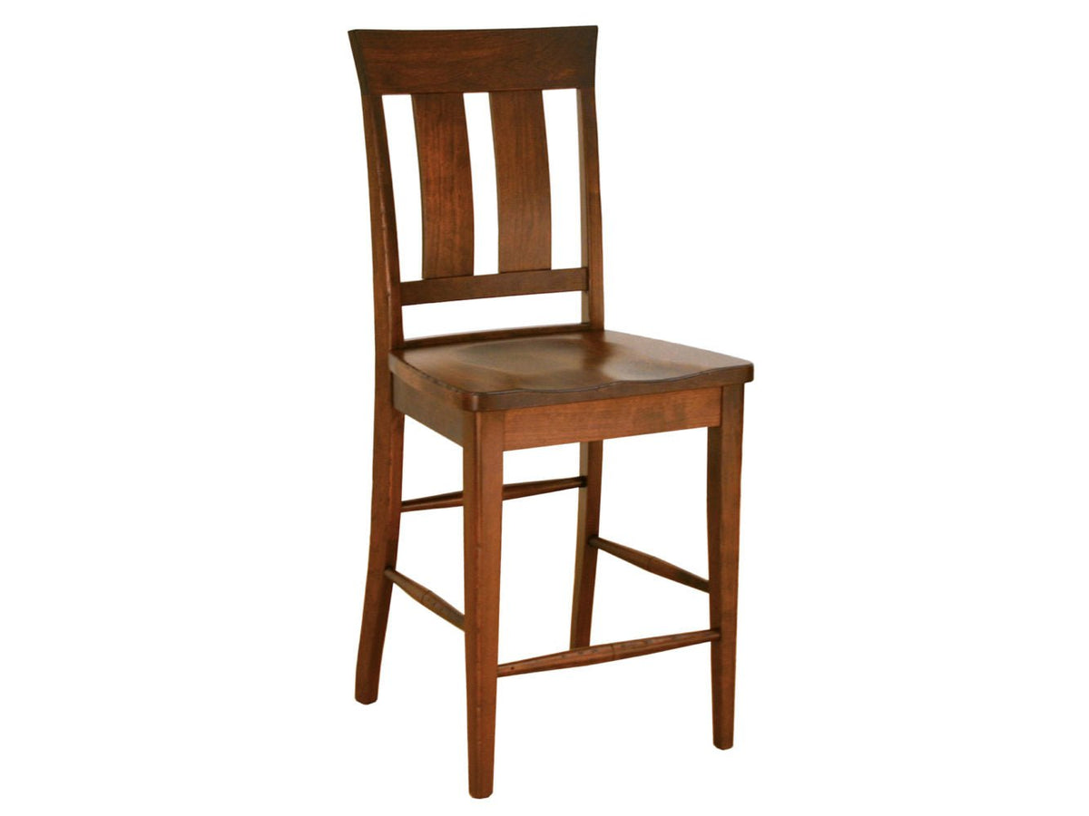 Cherry counter height stool with a two-slat back, saddle seat and footrails on a white background