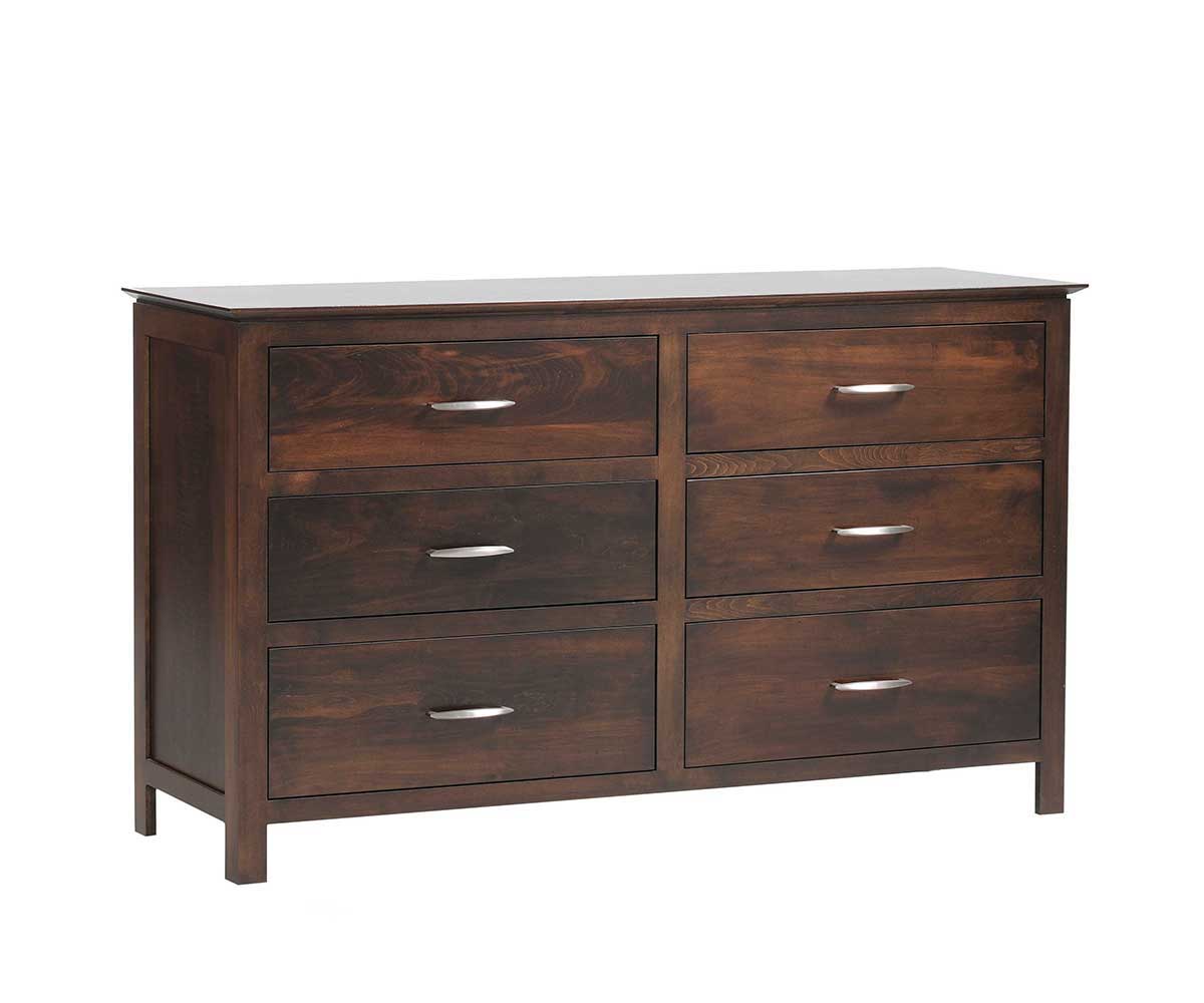 Six-drawer dark brown dresser with brushed nickel bar pulls, clean square case and straight leg posts