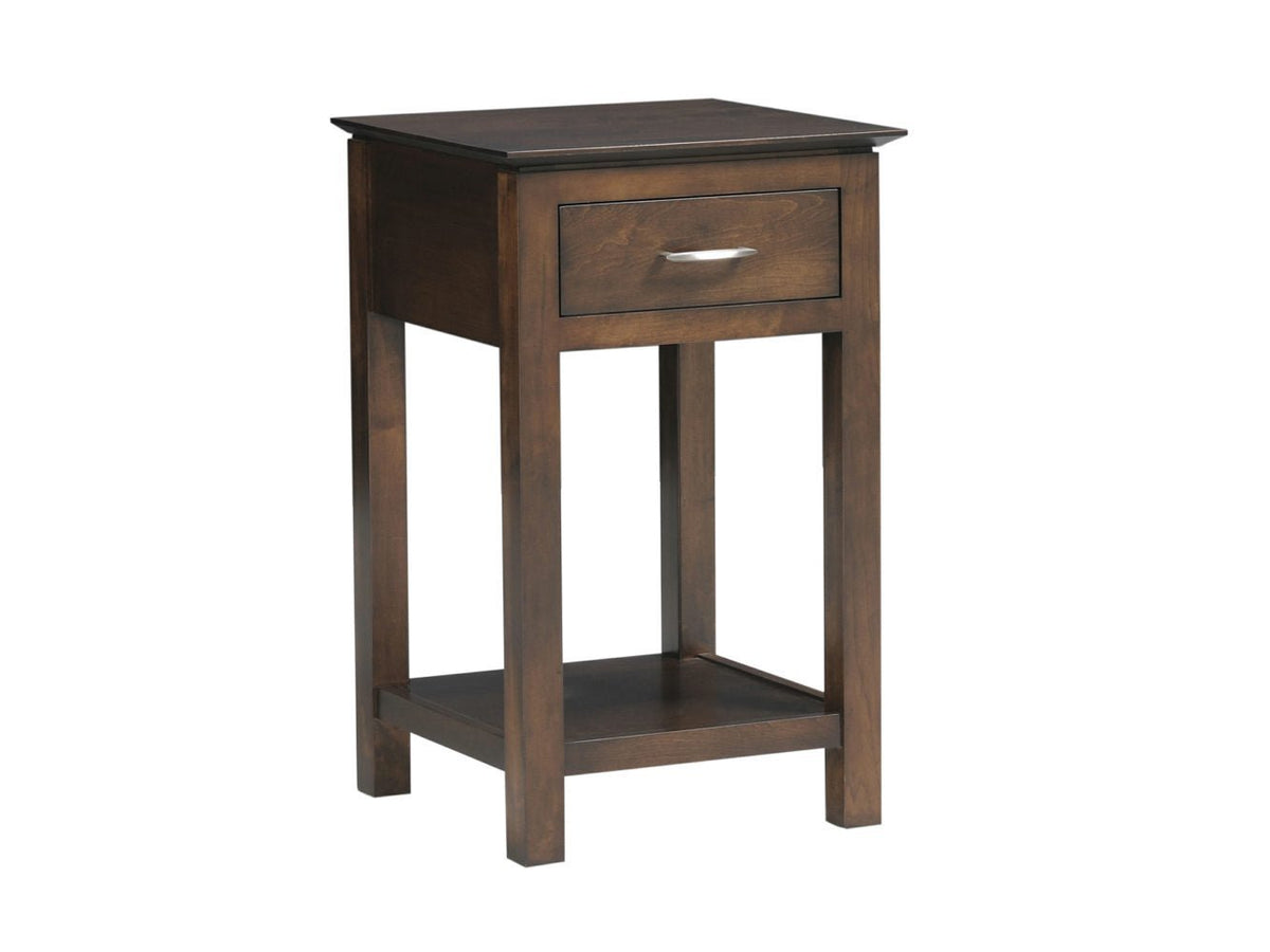 Open dark wood nightstand with a single nickel-pull drawer, lower shelf and tapered square legs