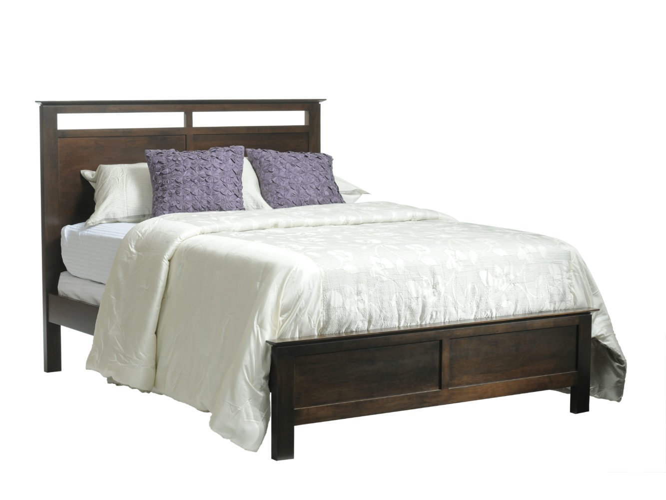 Dark brown panel bed with a rectangular cut-out headboard and low paneled footboard with white bedding