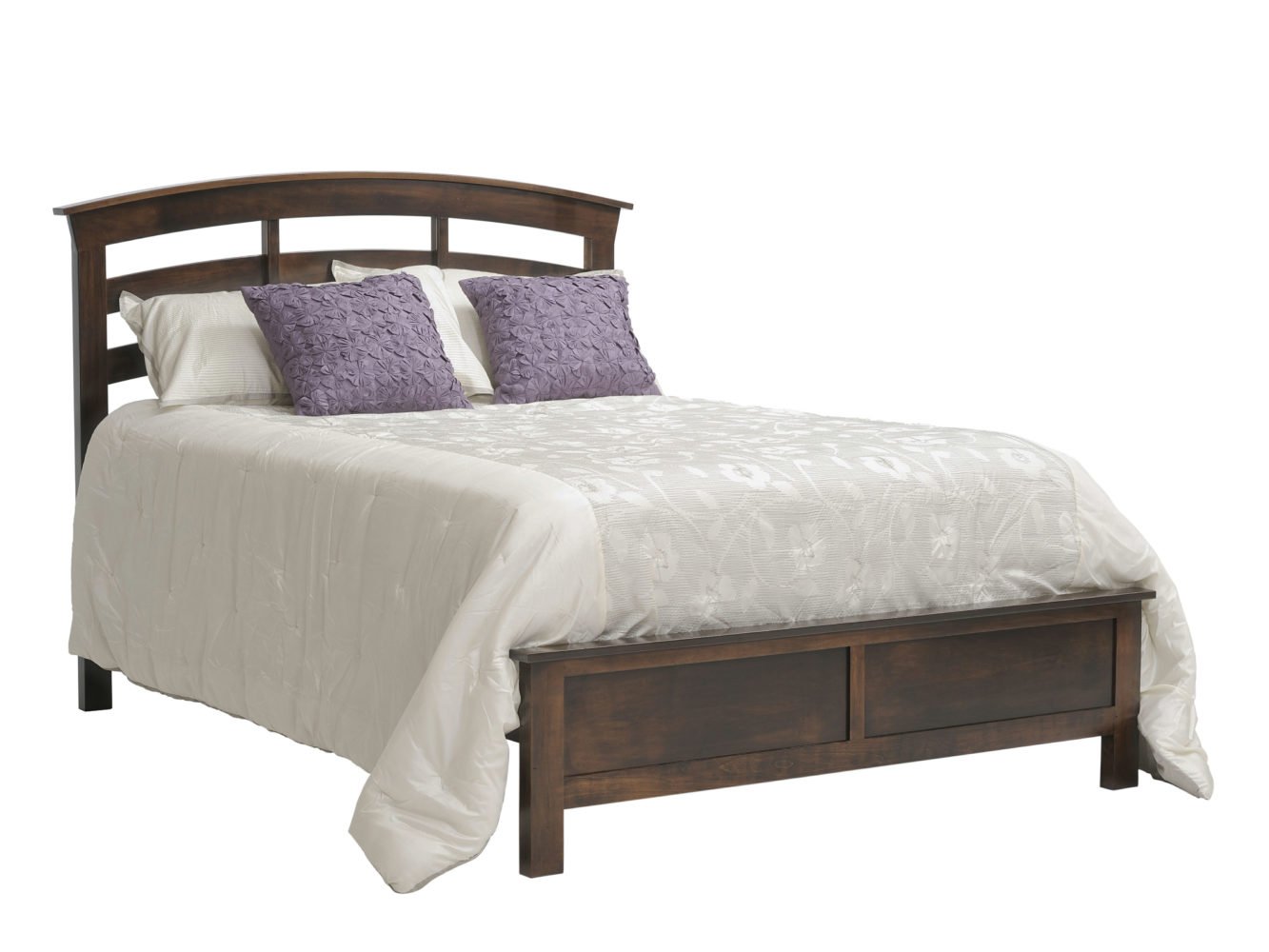 Espresso slat bed with an arched headboard of curved rails and a paneled footboard with cream bedding