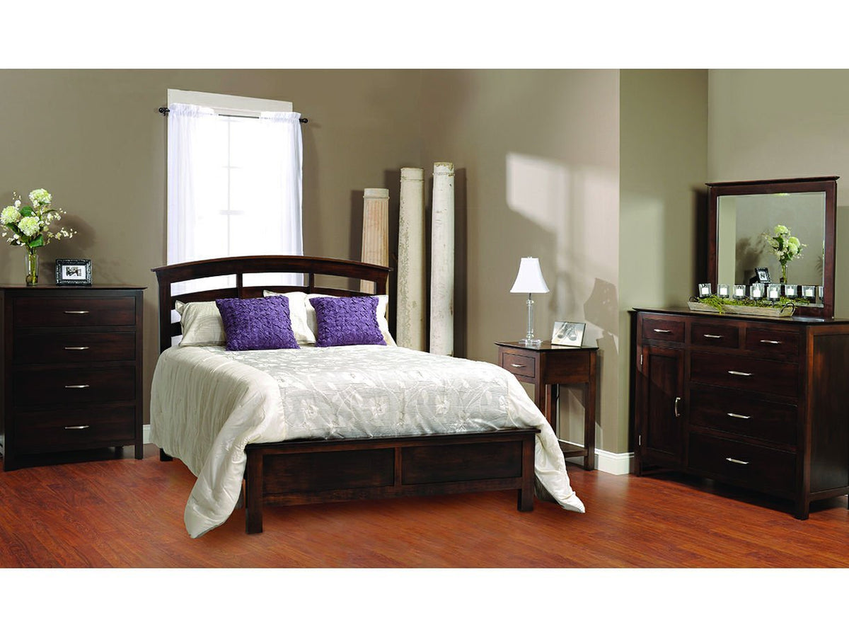 Dark contemporary bedroom with chest of drawers, arched slat bed, nightstand and dresser with mirror
