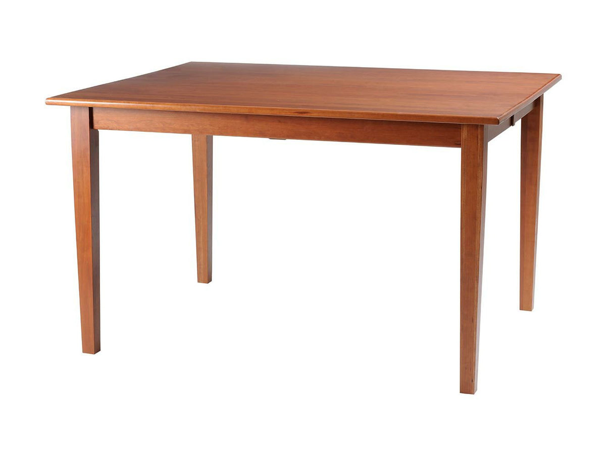 Cherry counter height dining table with a smooth rectangular top and tapered square legs on white