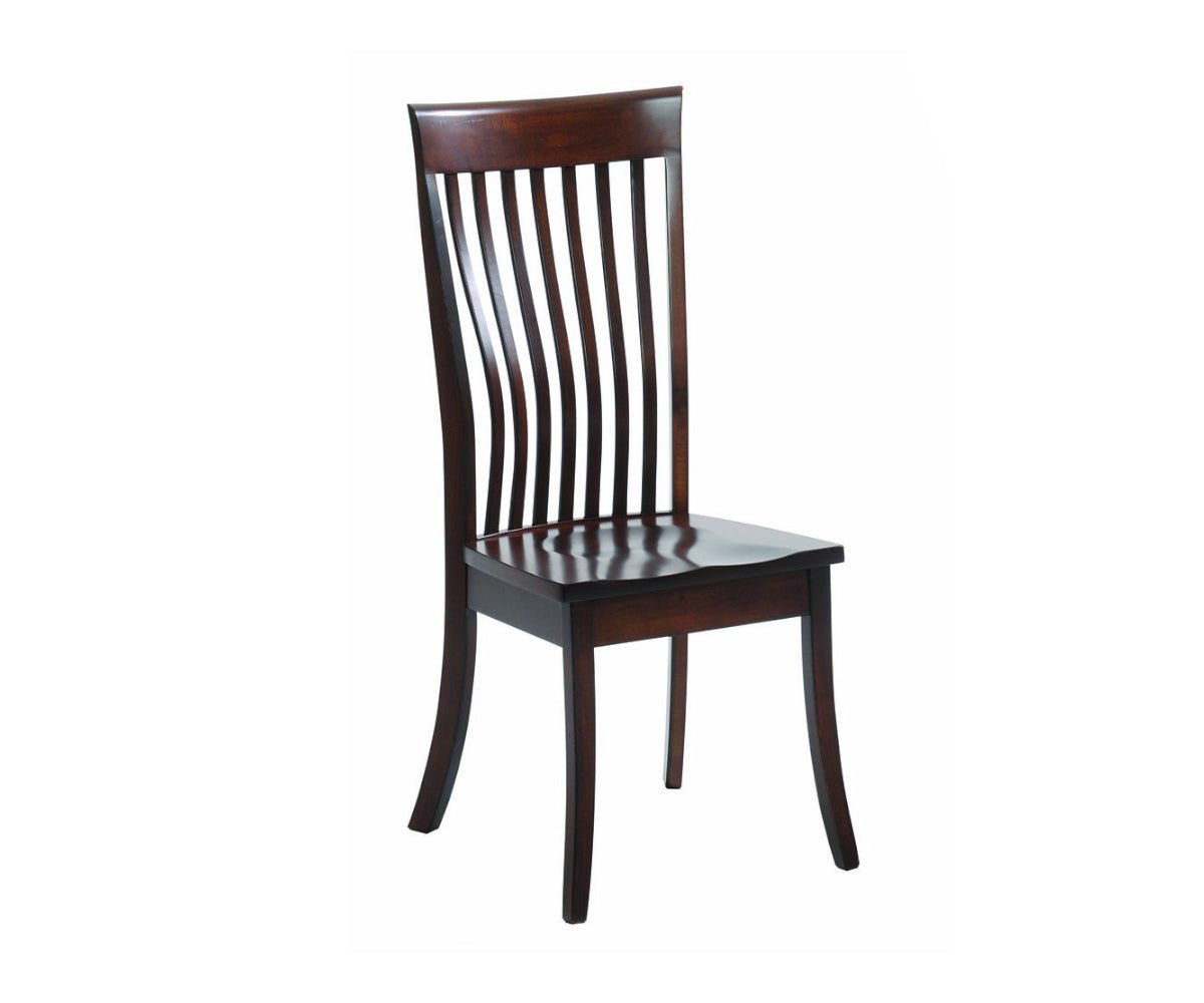 Cherry side dining chair with gently curved slat back, contoured wood seat and flared tapered legs