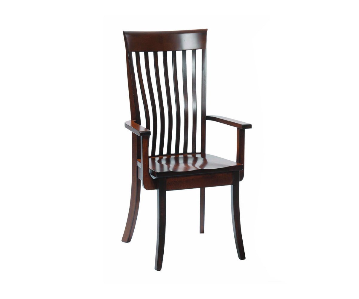 Cherry dining arm chair with curved vertical back slats, flat arms, sabre legs and a scooped wood seat