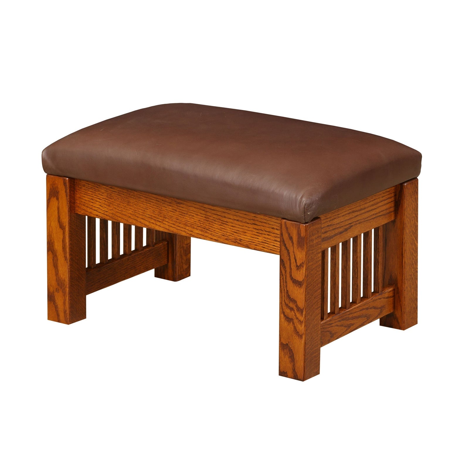 Oak Mission ottoman with a patchwork print top and slatted sides beside a matching chair on a woven rug