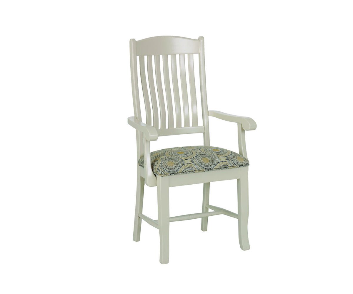 Cream painted counter chair with vertical slat back, shaped arms and teal circle patterned seat