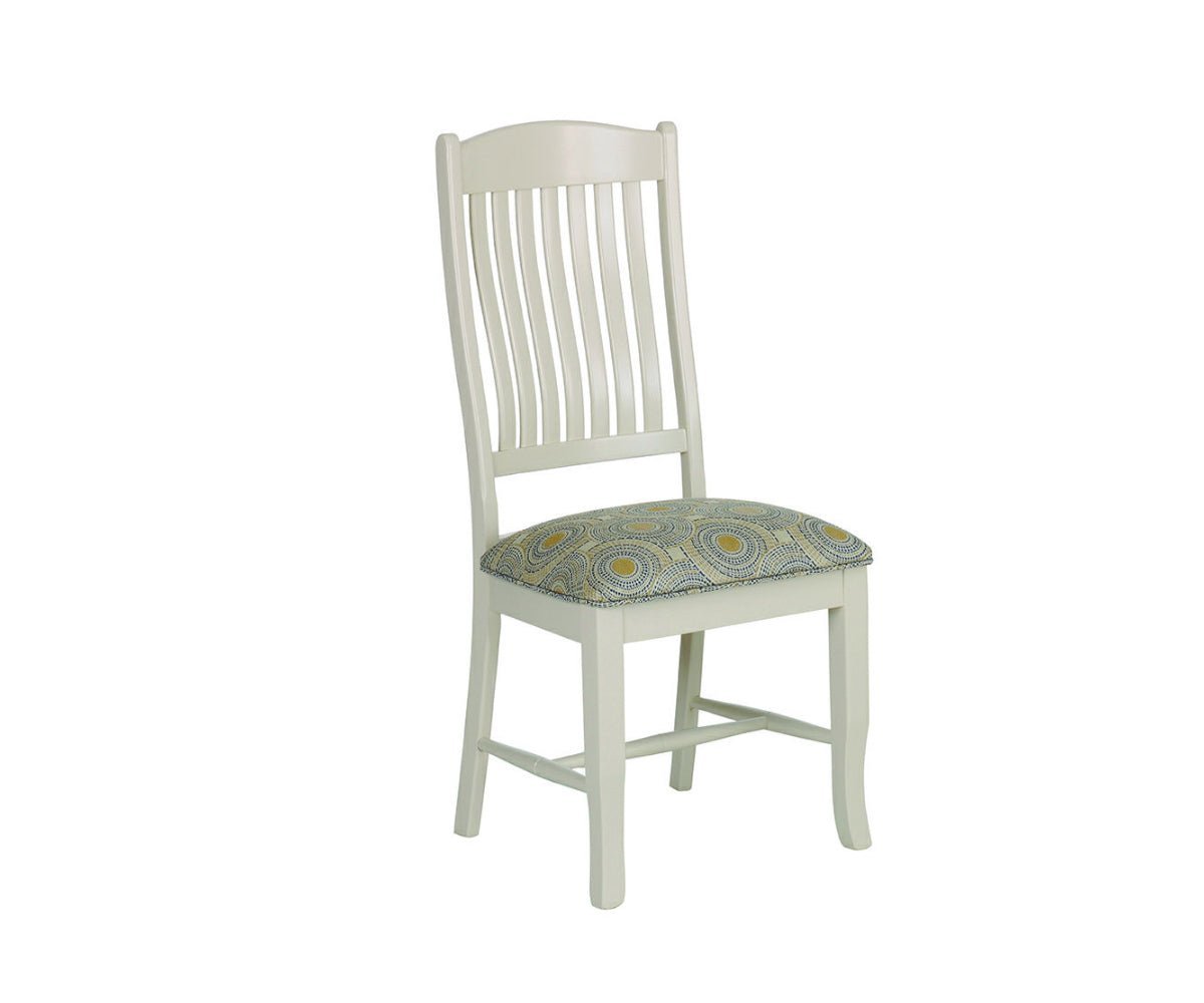 Off-white painted dining chair with slat back, curved crest and a teal and gold medallion fabric seat