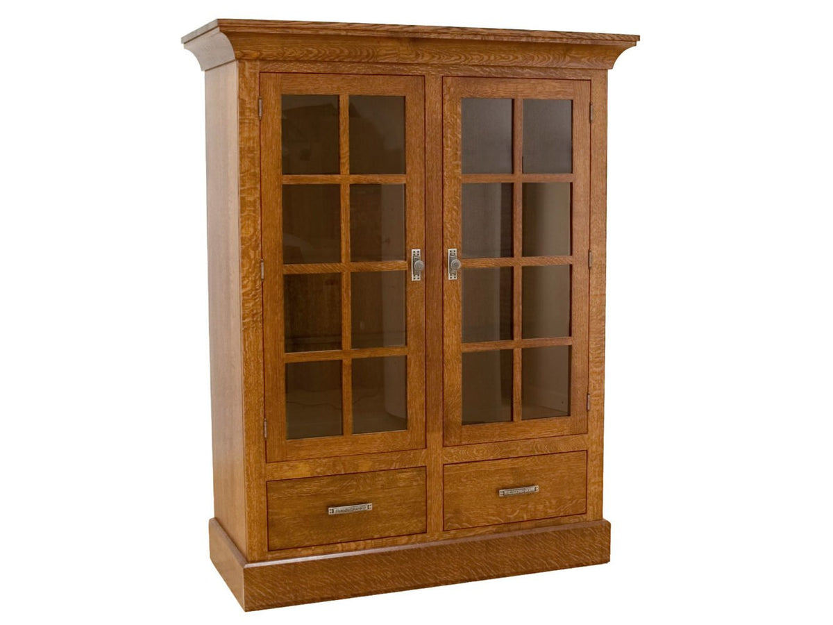 Quartersawn oak china cabinet with two mullion glass doors, four shelves and two lower drawers
