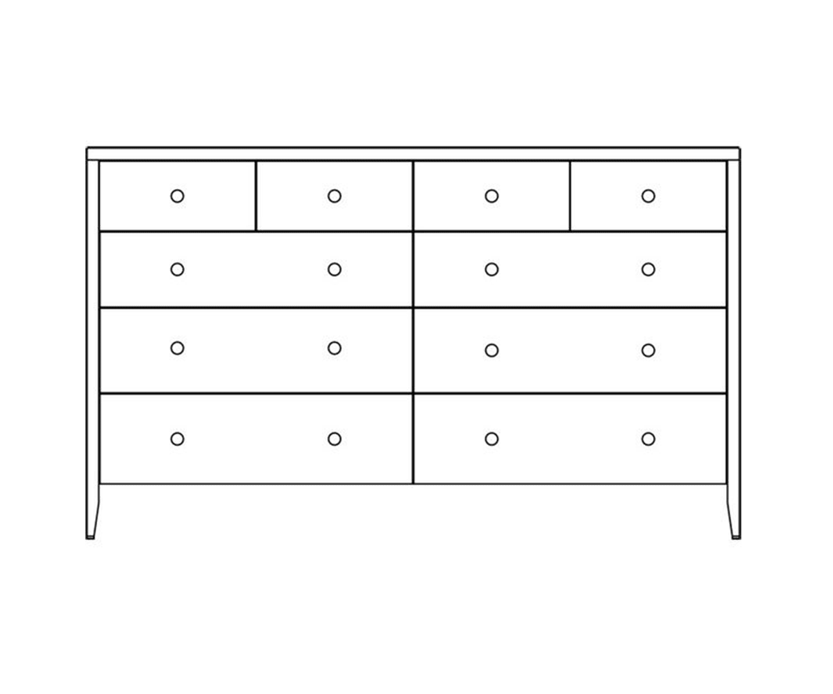 Line drawing of the ten-drawer dresser showing four small top drawers over three rows of wide drawers