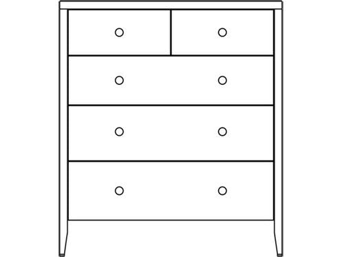 Line drawing of the five-drawer chest with two top drawers, round knobs and slightly splayed legs