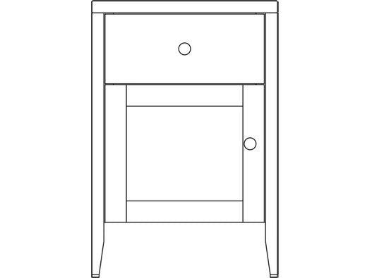 Line drawing of the door nightstand with a single knob drawer above a paneled cabinet door