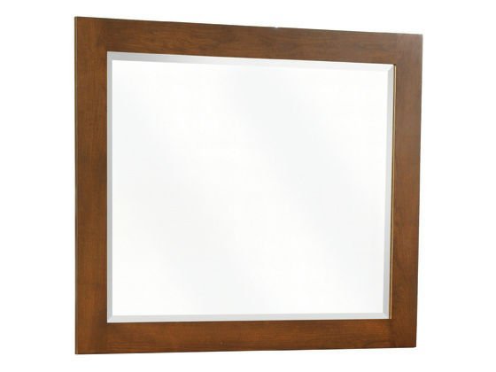 Walnut dresser mirror with a simple wide frame and beveled rectangular glass on a white background
