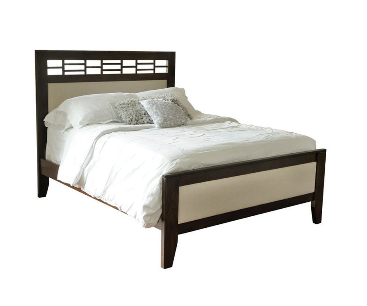 Upholstered Northampton bed with a cream fabric panel headboard topped by an open lattice grid and matching upholstered footboard