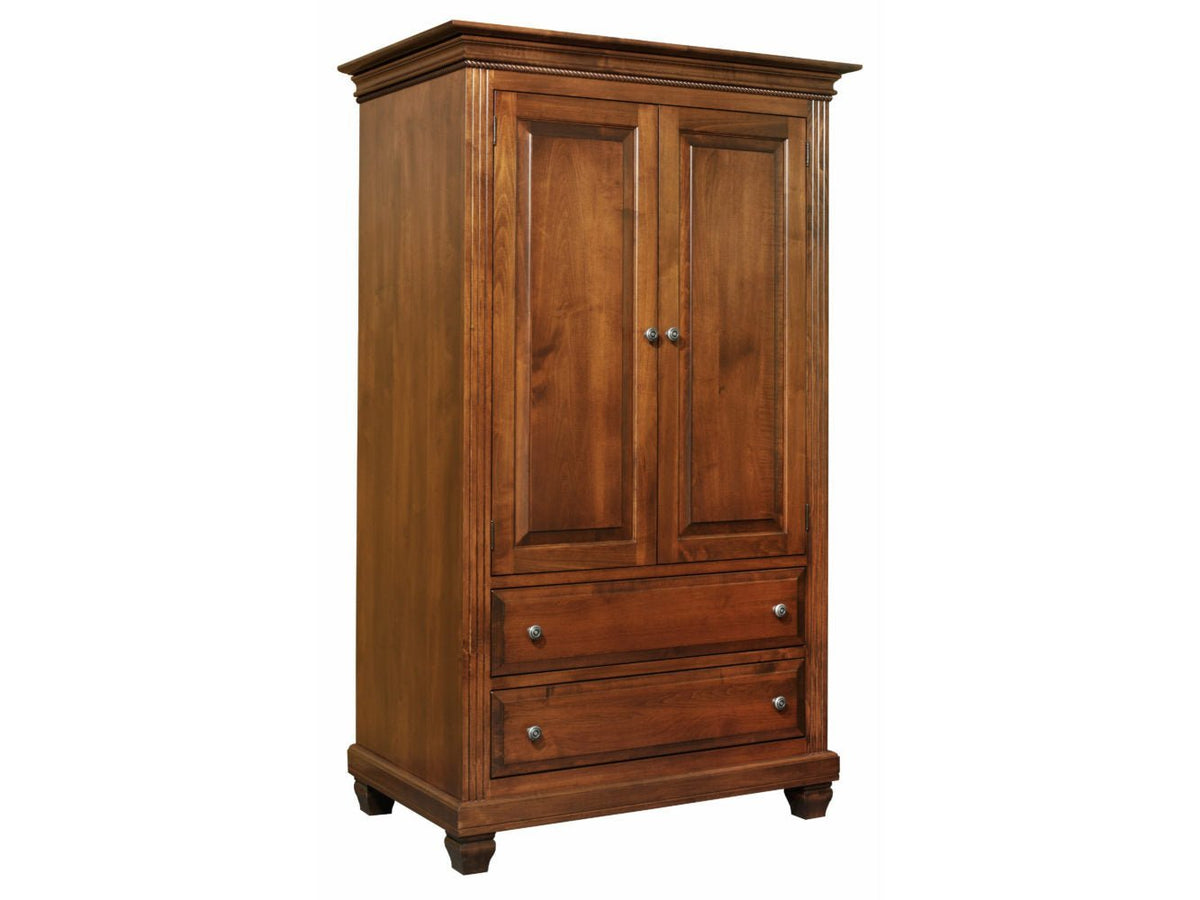 Palatine armoire wardrobe in cherry with two raised-panel doors, two lower drawers, dentil crown molding and short turned feet