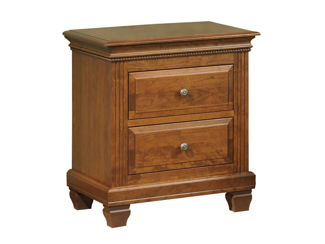 Palatine two-drawer nightstand in warm cherry with beaded molding, fluted corners, raised-panel drawers and carved bracket feet