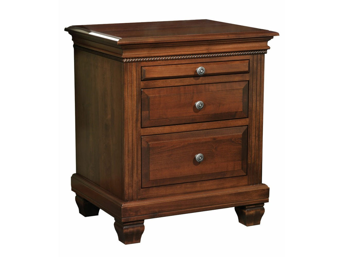 Palatine nightstand with pullout shelf, two raised-panel drawers, rope-twist molding and turned bun feet in a rich cherry finish