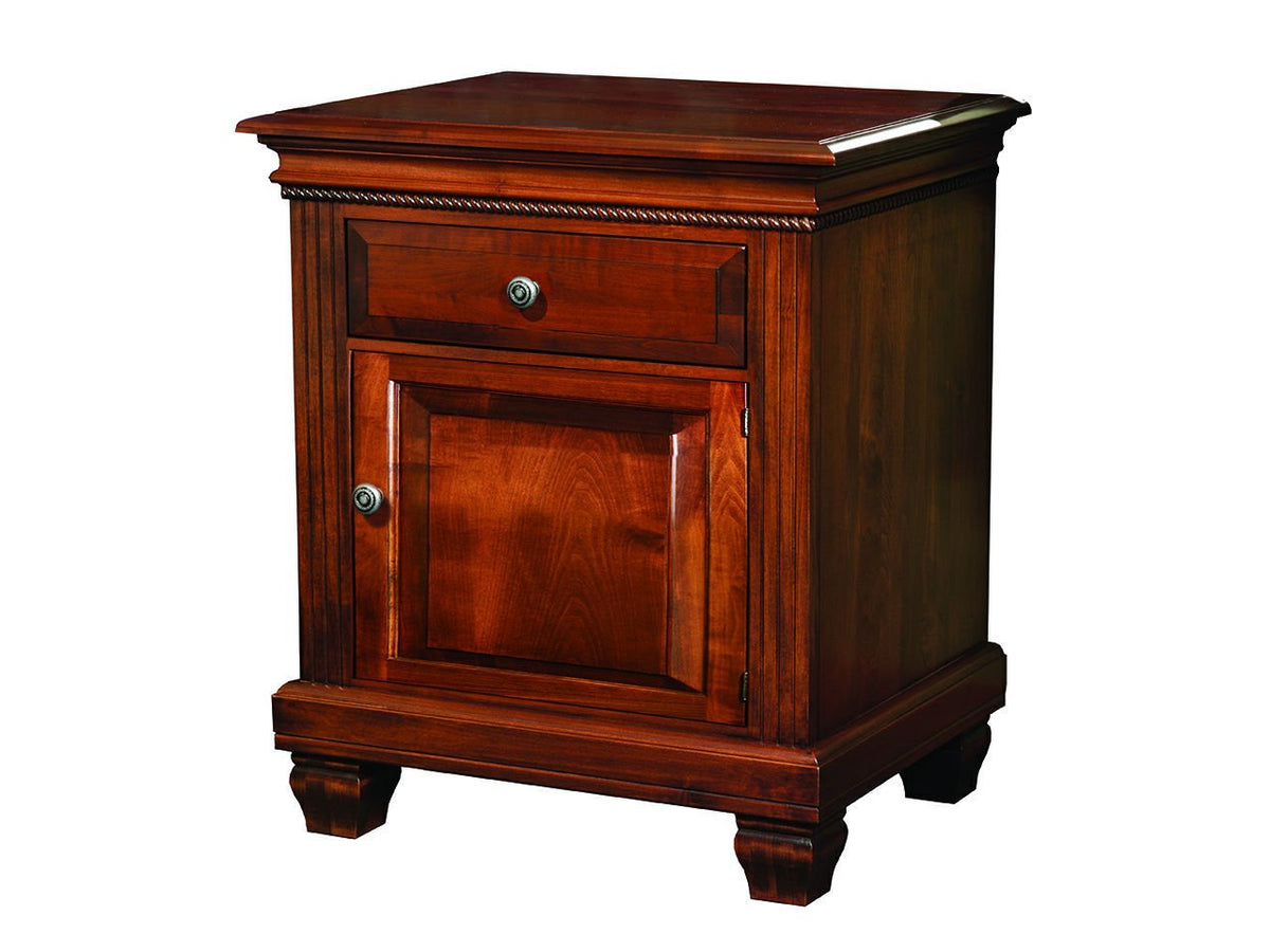 Palatine door nightstand in dark cherry with one drawer above a raised-panel door, rope molding trim and carved bun feet