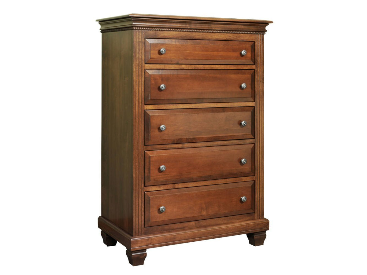 Palatine tall chest of drawers in cherry with five graduated raised-panel drawers, dentil-style molding and bracket feet