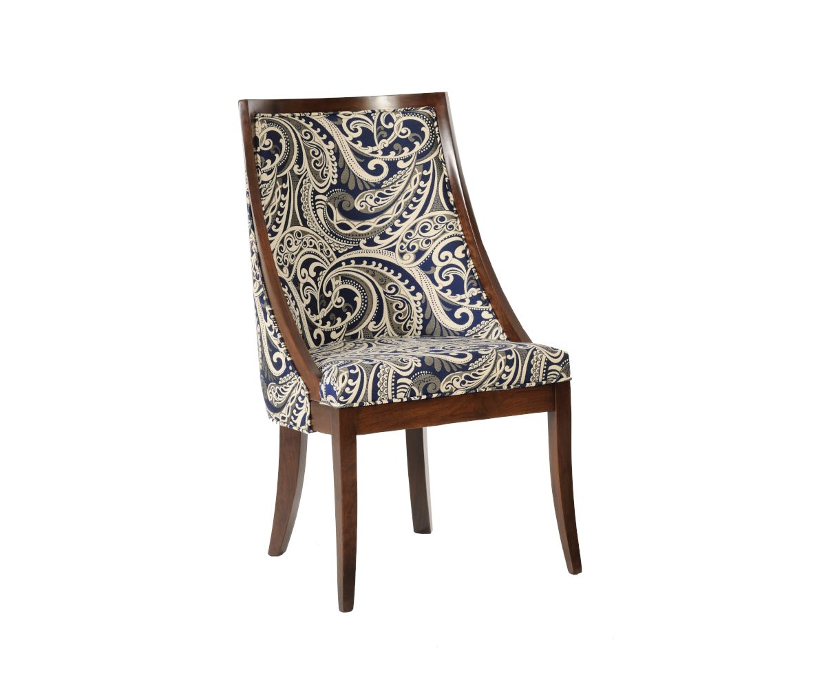 Armless Park Ave dining side chair upholstered in blue and cream paisley with a curved wood back rail and tapered legs