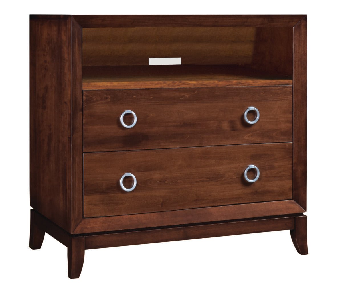 Angled view of the Park Ave media chest showing its open top shelf, two deep drawers with chrome rings and tapered splayed legs