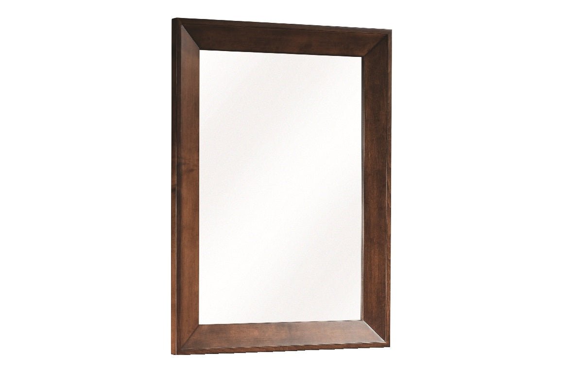 Park Ave bedroom dresser mirror with a plain wide-beveled wood frame in a warm brown finish on a white background