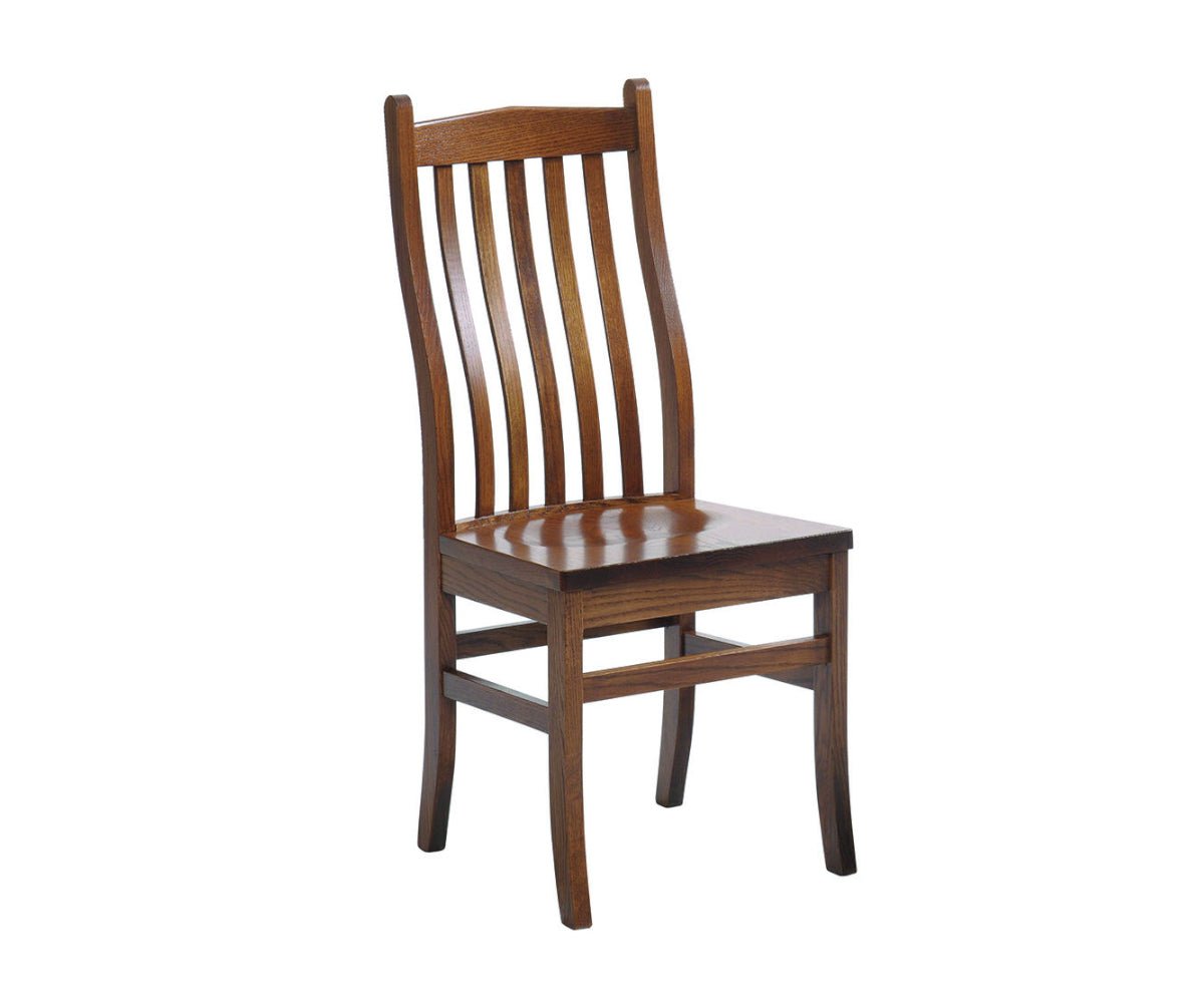 Portland dining side chair with four shaped back slats, a scooped saddle seat and slightly splayed legs in a dark oak finish