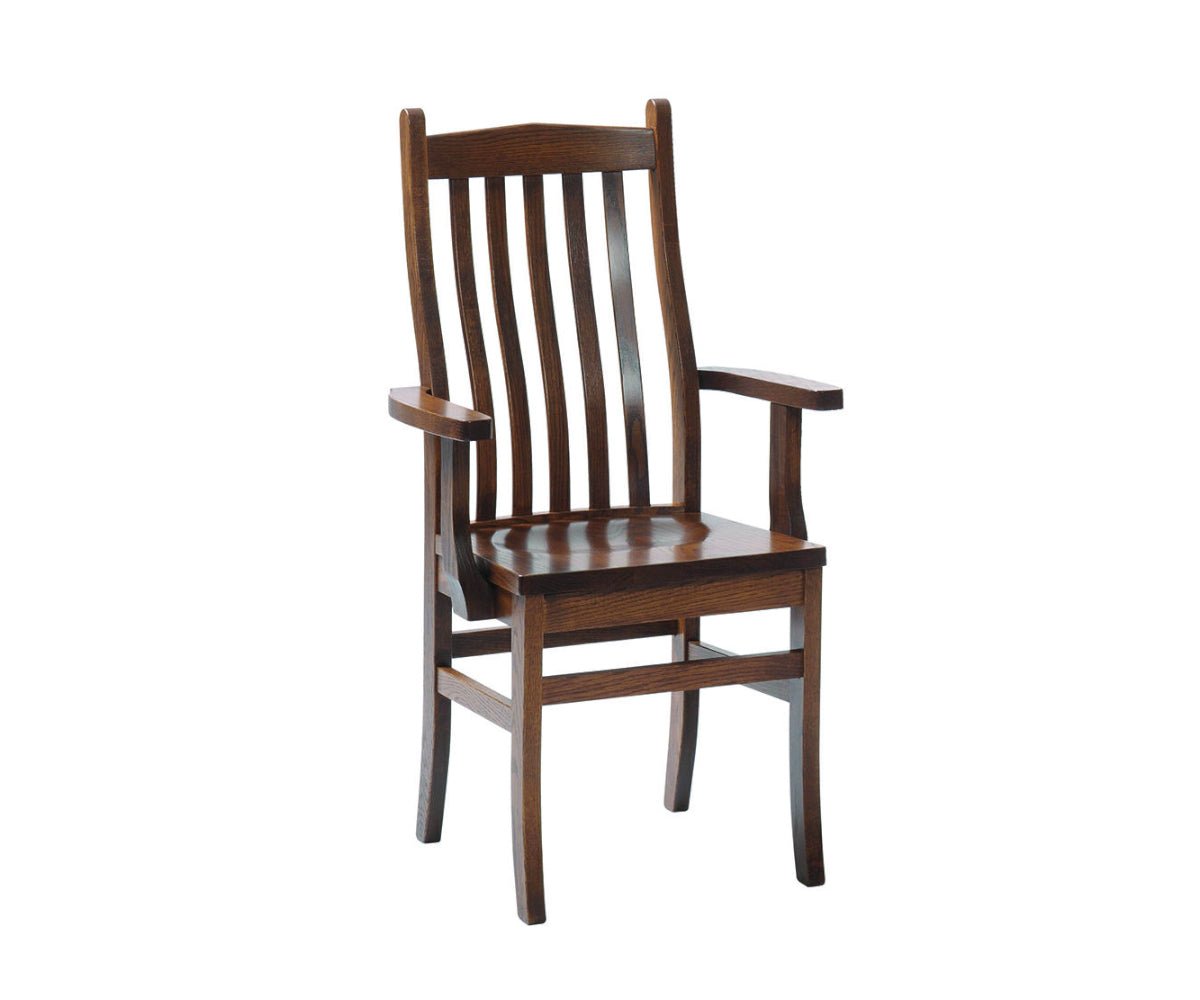 Portland dining arm chair in dark oak with a curved vertical slat back, flat arms, contoured wood seat and stretcher base