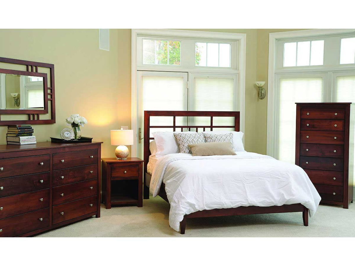 Cherry Poughkeepsie bedroom scene with the open-lattice headboard bed, nightstand, dresser with mirror and tall chest of drawers