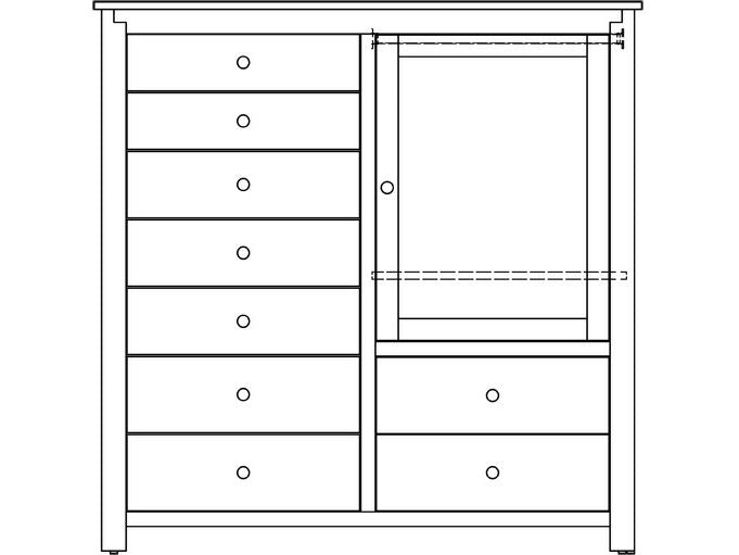 Line drawing of the Poughkeepsie gentleman's chest with seven drawers on the left and a paneled door over two drawers on the right