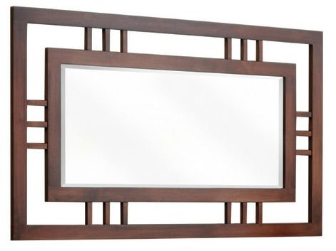 Poughkeepsie dresser mirror with a beveled glass center and an open geometric outer frame of slats in dark cherry