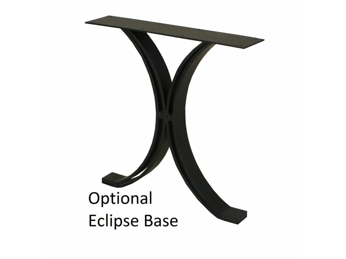 Optional Eclipse base for the dining bench, a curved black steel leg with crossed arcs and a flat top mounting plate