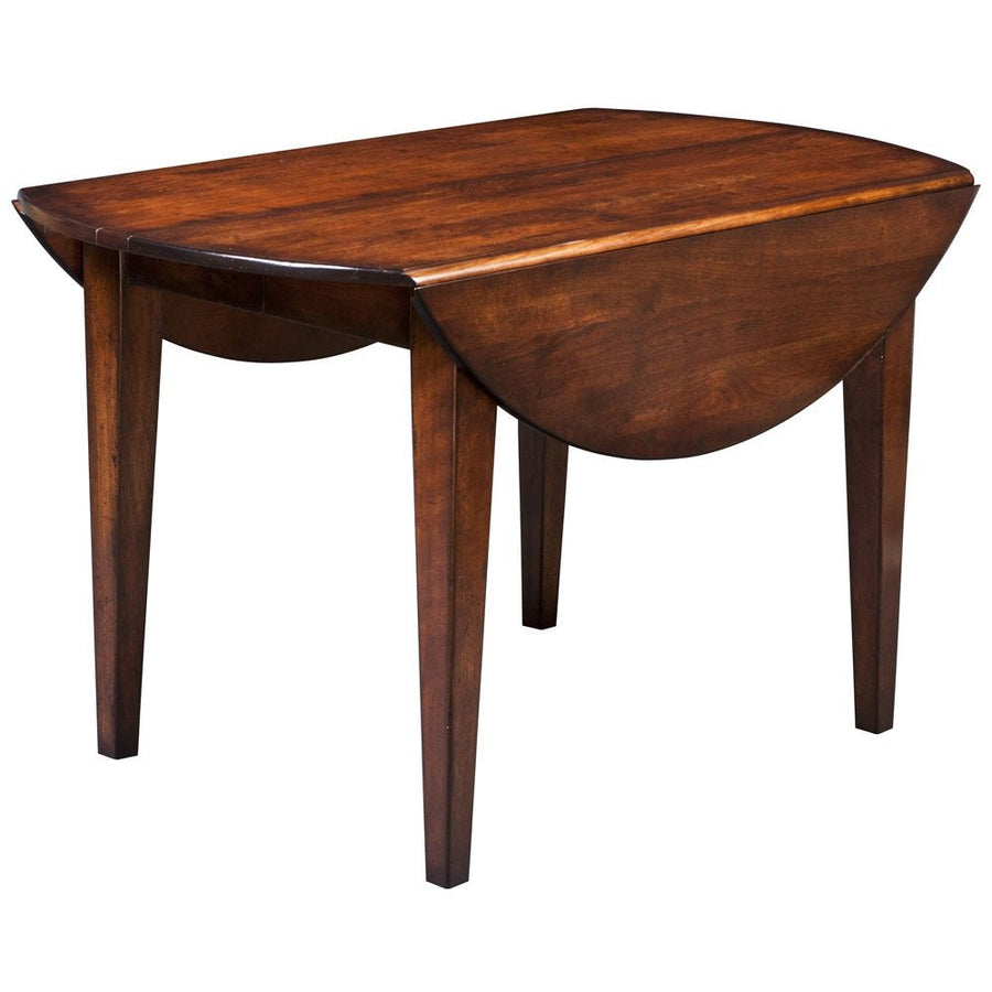 Round drop leaf dinette table in dark cherry with one leaf down, square tapered legs and a smooth plank top