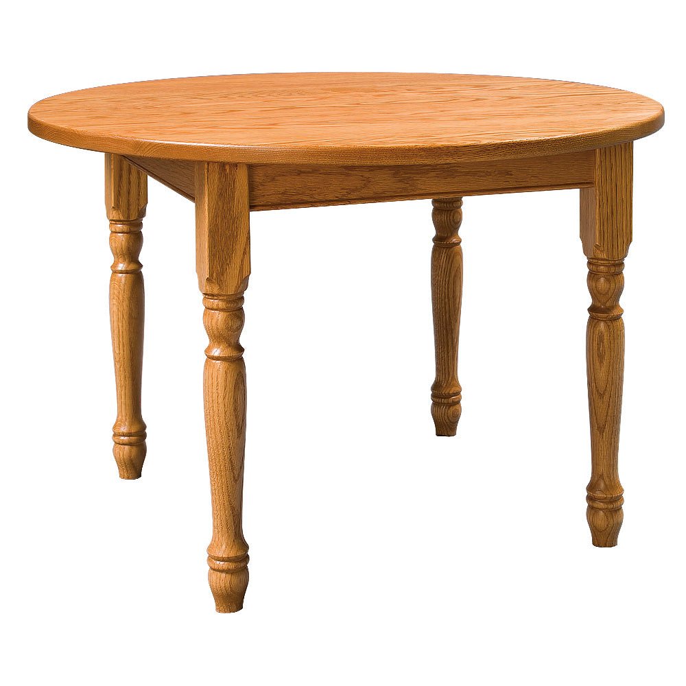 Kid's round play table in golden oak with turned legs, shown from a low angle on a white background