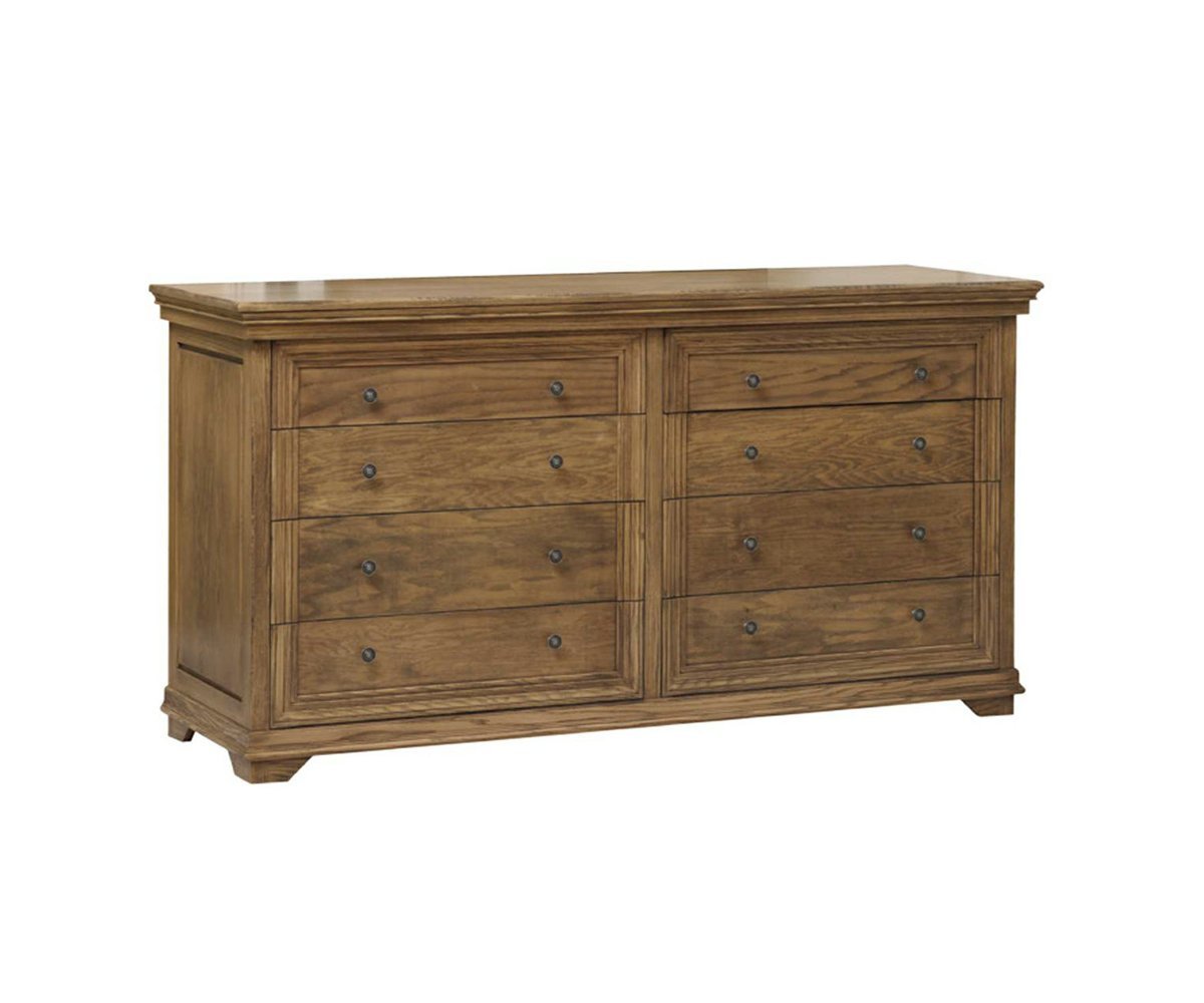 Santa Ana eight-drawer dresser in light oak with two banks of four framed drawers, dark round knobs and molded bracket base