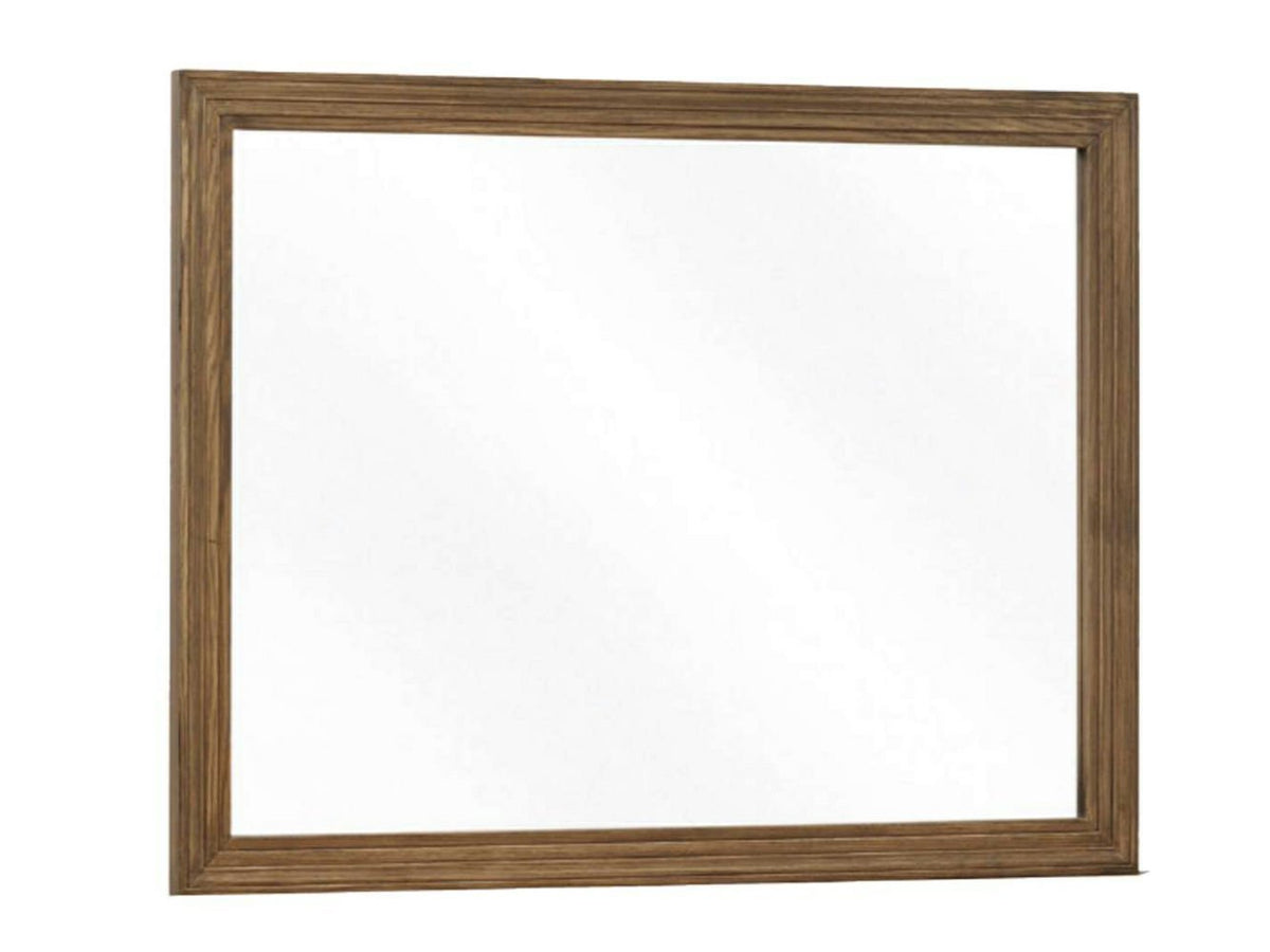Santa Ana dresser mirror with a wide molded oak frame in a light driftwood tone, angled on a white background