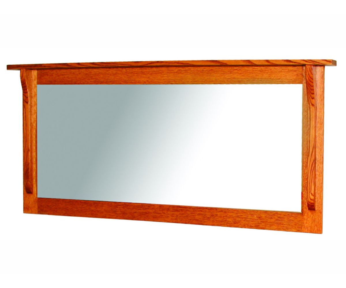 Mission dresser mirror in oak with a wide flat top shelf, tapered corbel supports and a plain rectangular frame