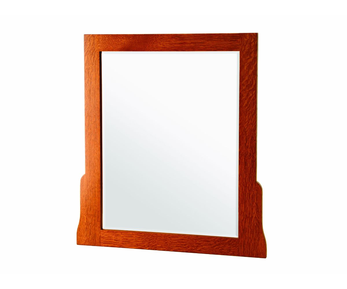 Rectangular Mission mirror in figured quartersawn oak with a wide plain frame and shaped bottom rail, white background