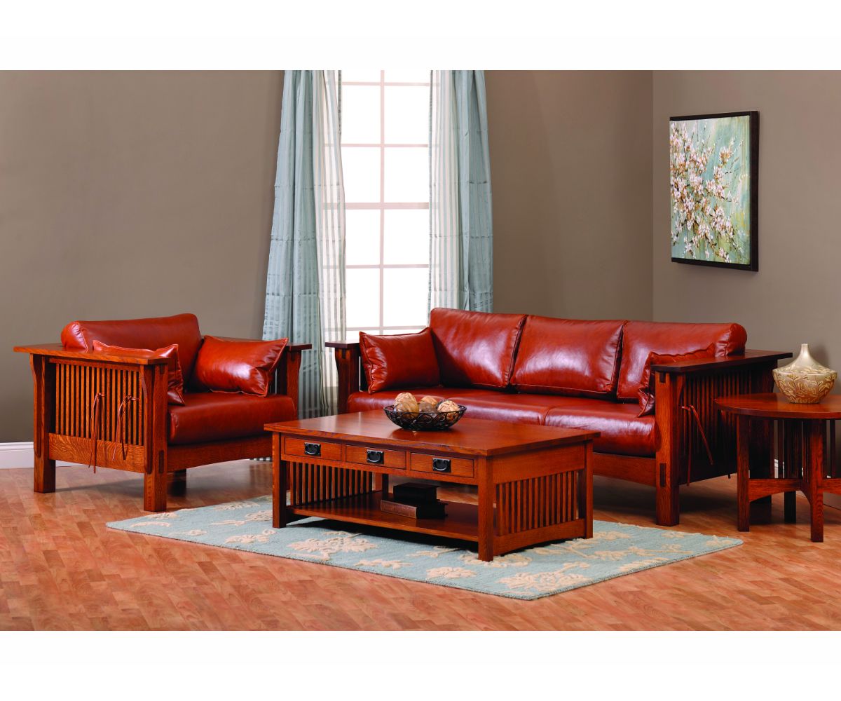 Living room set with a red-brown leather Mission sofa and chair, slatted coffee table and matching end table