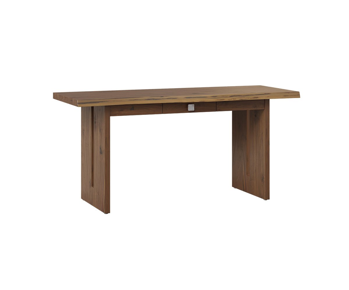 Stowe live edge desk in walnut-toned wood with a natural edge top, single drawer and wide slab panel legs