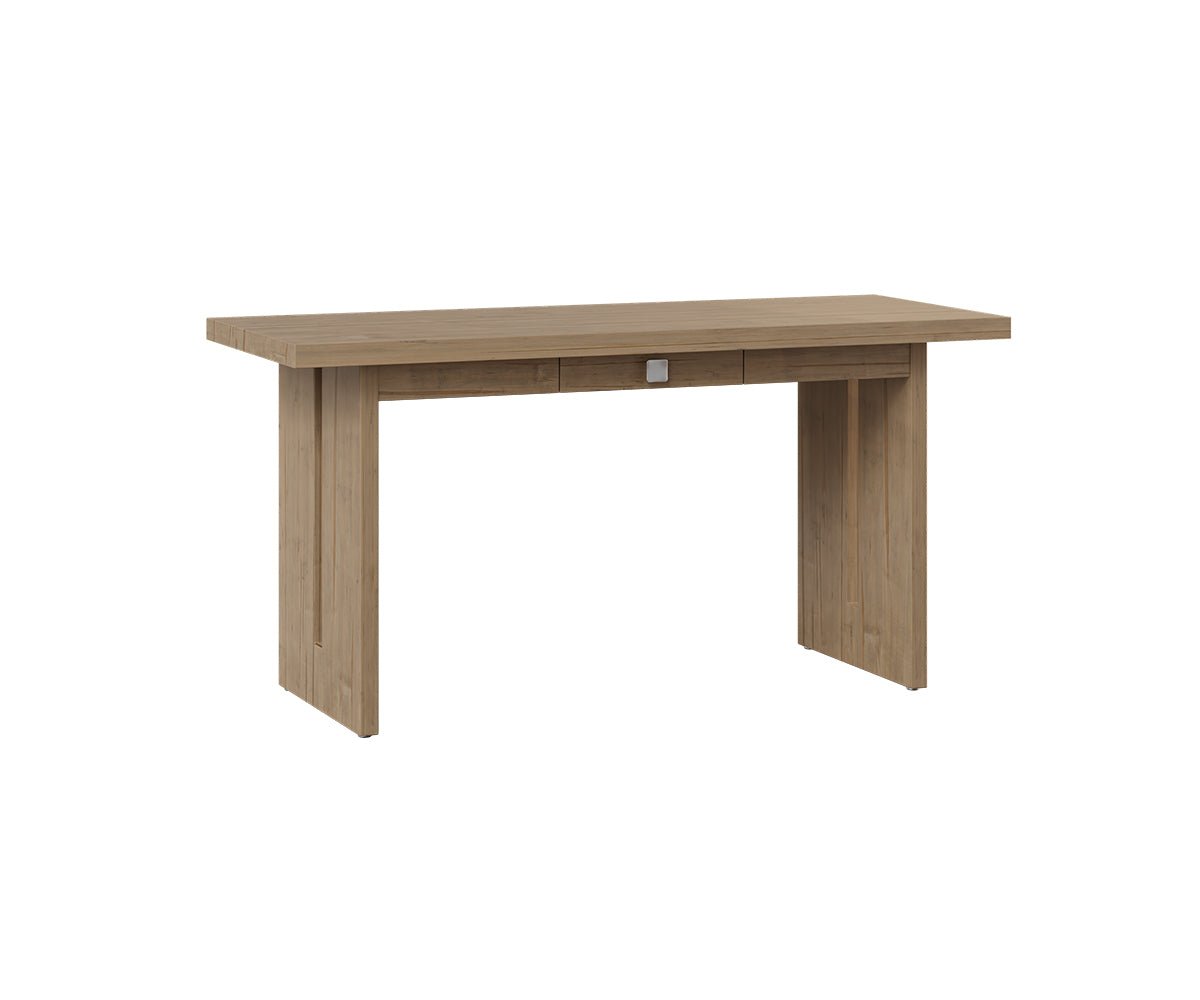 Mid century modern table desk in light weathered oak with a slim drawer, chrome knob and flat panel plank legs