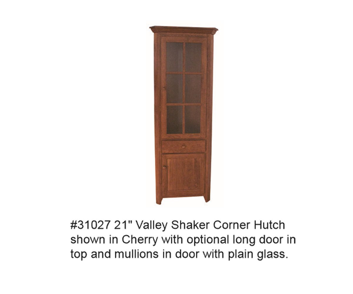 Valley Shaker 21 inch corner hutch in cherry with a long mullion glass door, single drawer and paneled base cabinet
