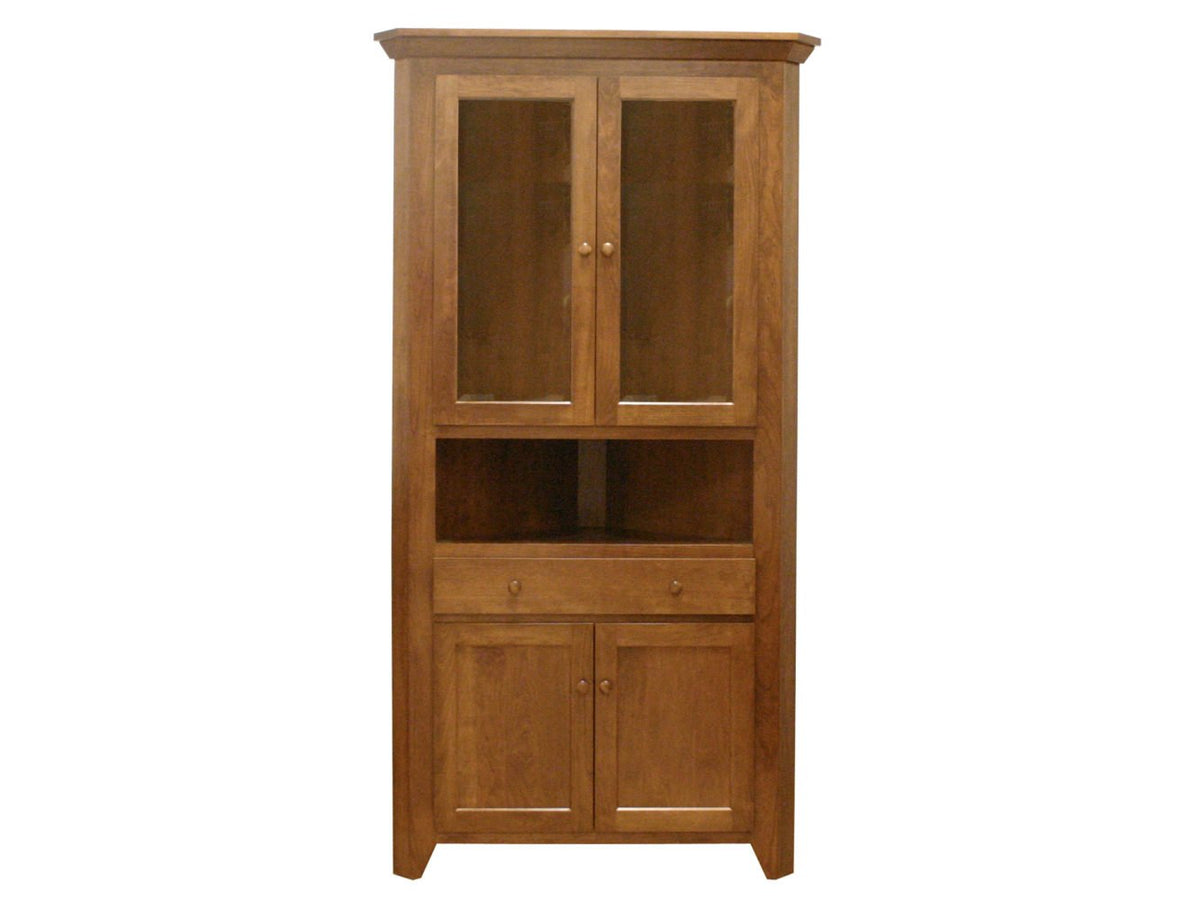 Valley Shaker corner hutch in cherry with two glass upper doors, an open center shelf, one drawer and paneled lower doors