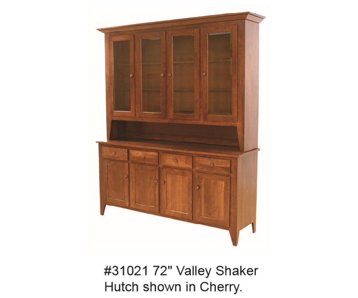 Valley Shaker 72 inch hutch in cherry with four glass display doors, an open deck, four drawers and paneled lower doors