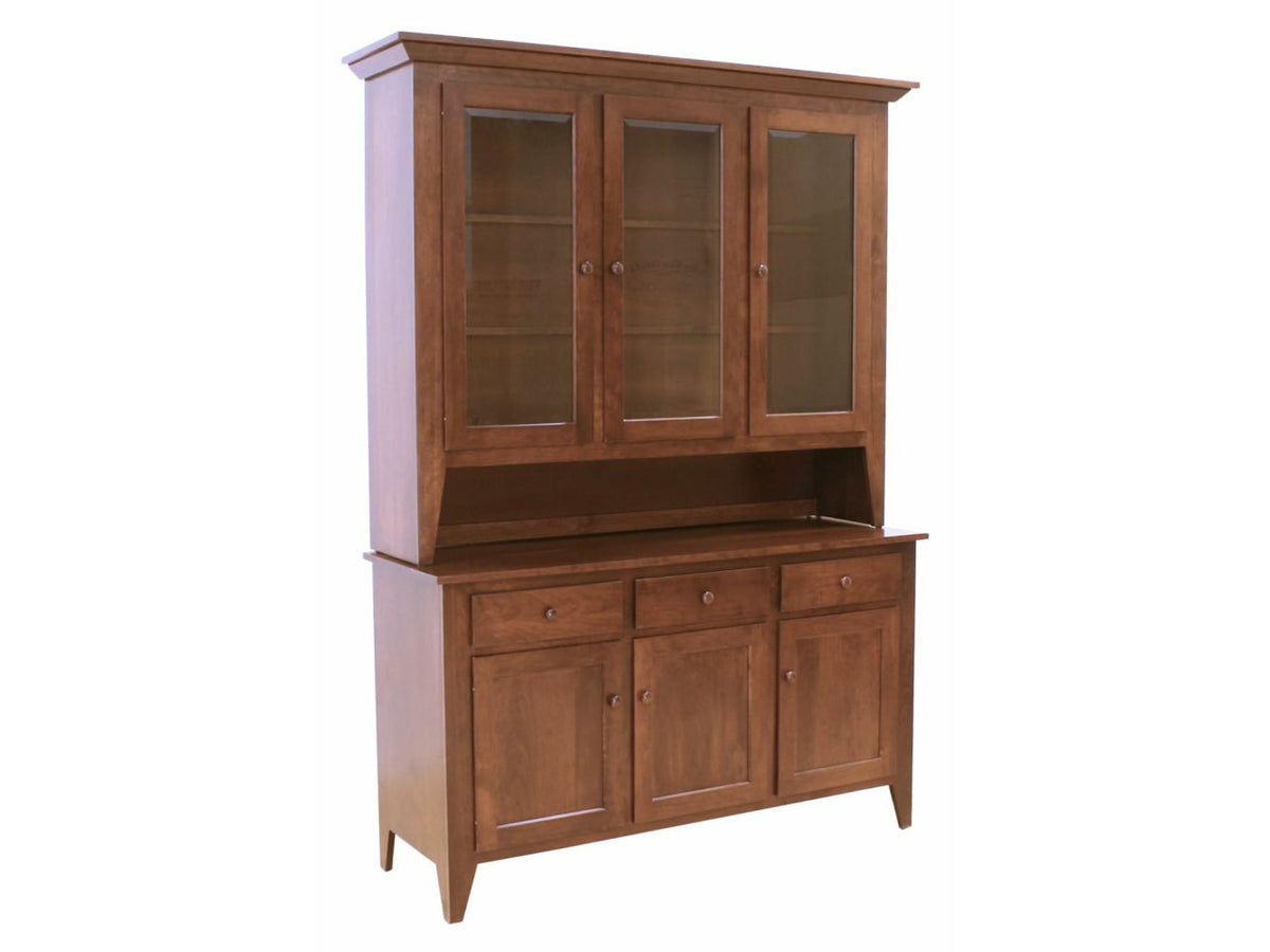 Valley Shaker china cabinet in cherry with three glass doors, open serving deck, three drawers and paneled base doors