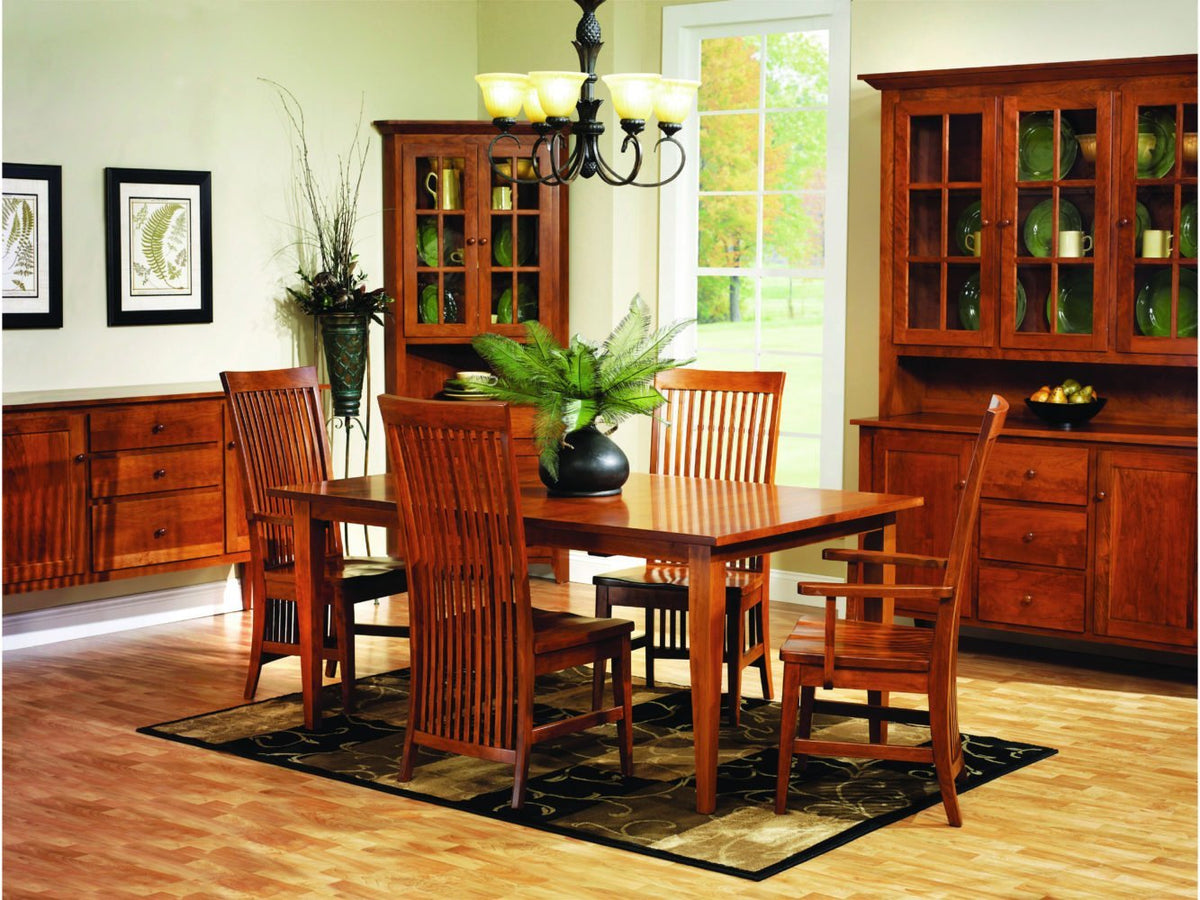 Cherry dining room with the Shaker leg table, slat-back chairs, corner cabinet and glass-door china cabinet
