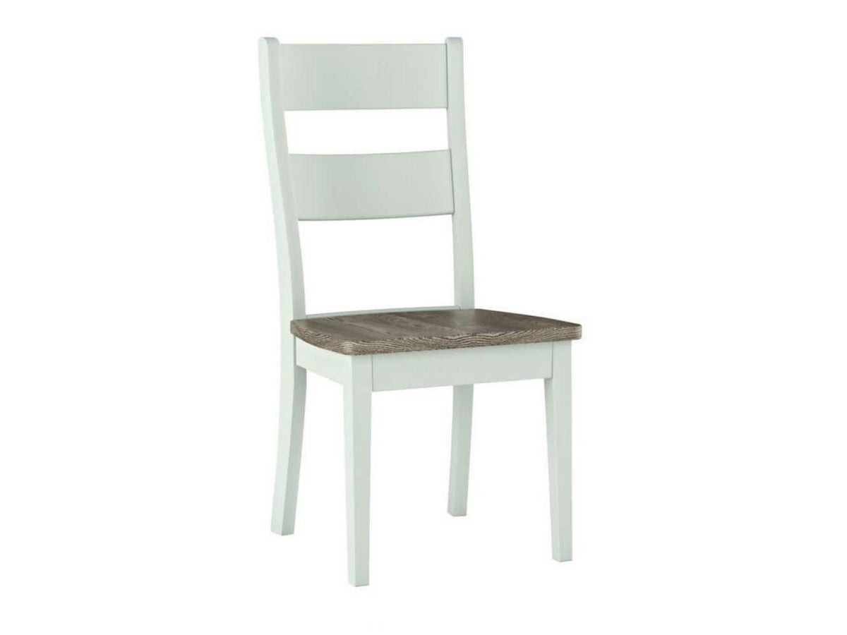 Ladder back dining chair painted soft white with a weathered gray wood seat and tapered legs on a white background