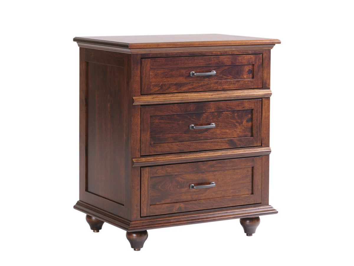 Three-drawer nightstand in rich cherry with beveled drawer fronts, dark bar pulls, molded top and turned bun feet